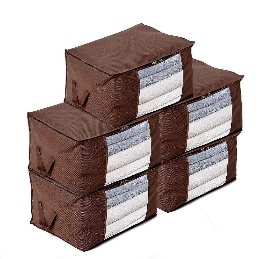 Set of 5 Brown Non-Woven Fabric Storage Bag with Clear Window