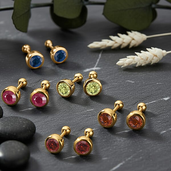 Set Of 5 - D'Joy Poke Free Multi Gemstone 3.25 Ctw Stud Earrings In 18K Vermeil Yellow Gold Over Sterling Silver