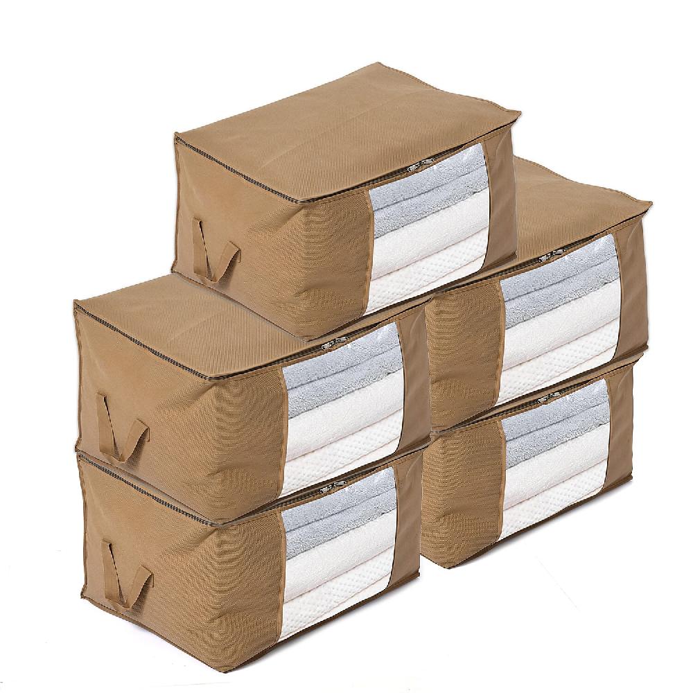 Set of 5 Dark Beige Non-Woven Fabric Storage Bag with Clear Window
