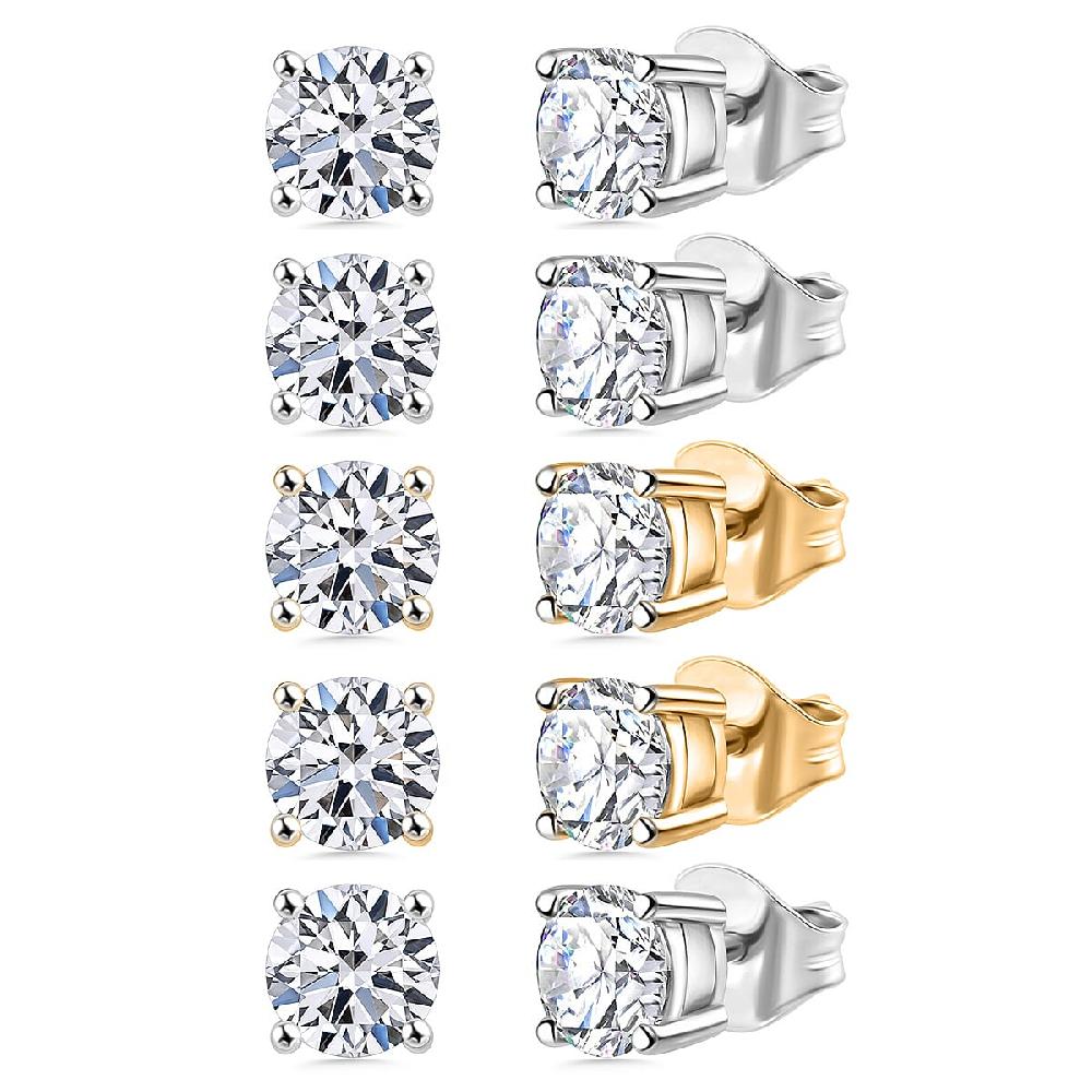 Set of 5 Luxuriant Lab Grown Diamond (G-H SI) Solitaire Stud Earrings in Vermeil YG and Platinum Over Sterling Silver 3.50 ctw (Del. In 10-12 Days)