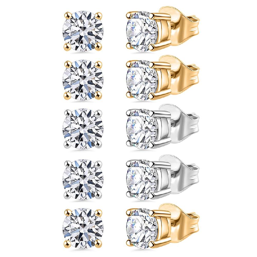 Set of 5 Luxuriant Lab Grown Diamond (G-H SI) Solitaire Stud Earrings in Vermeil YG and Platinum Over Sterling Silver 4.00 ctw (Del. In 10-12 Days)