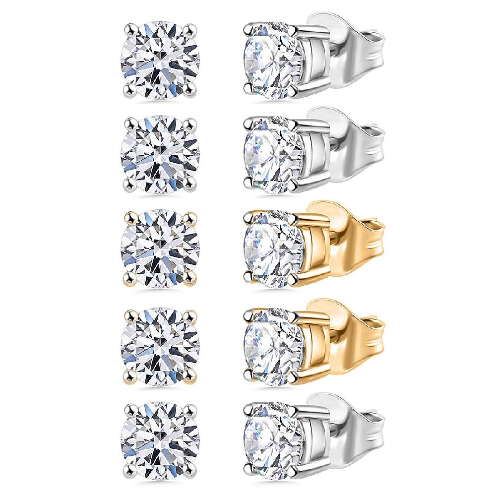 Set of 5 Luxuriant Lab Grown Diamond (G-H SI) Solitaire Stud Earrings in Vermeil YG and Platinum Over Sterling Silver 2.50 ctw (Del. In 10-12 Days)