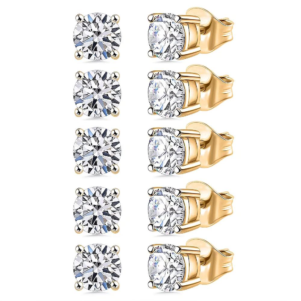 Set of 5 Luxuriant Lab Grown Diamond G SI1 5.00 ctw Solitaire Stud Earrings in 14K Yellow Gold