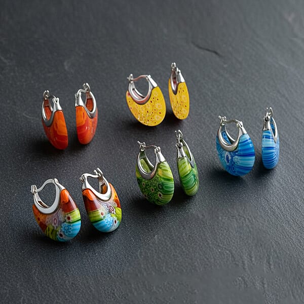 Set Of 5 Multi Color Murano Style Basket Earrings In Stainless Steel (Del. In 10-12 Days)