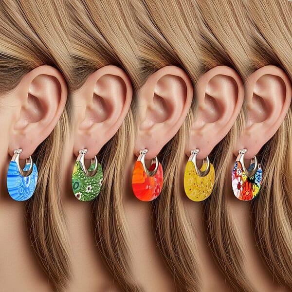 Set Of 5 Multi Color Murano Style Basket Earrings In Stainless Steel (Del. In 10-12 Days)