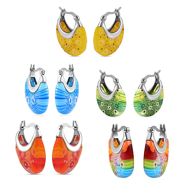 Set Of 5 Multi Color Murano Style Basket Earrings In Stainless Steel (Del. In 10-12 Days)