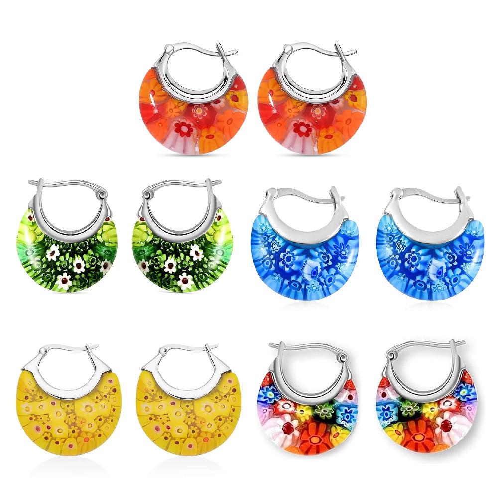 Set of 5 Multi Color Murano Style Basket Earrings in Stainless Steel (Del. In 10-12 Days)