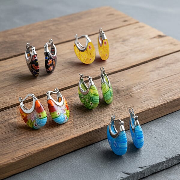Set Of 5 Multi Color Murano Style Basket Earrings In Stainless Steel With Lifetime Guarantee (Del. In 10-12 Days)