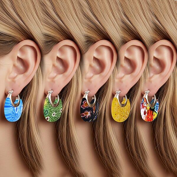 Set Of 5 Multi Color Murano Style Basket Earrings In Stainless Steel With Lifetime Guarantee (Del. In 10-12 Days)