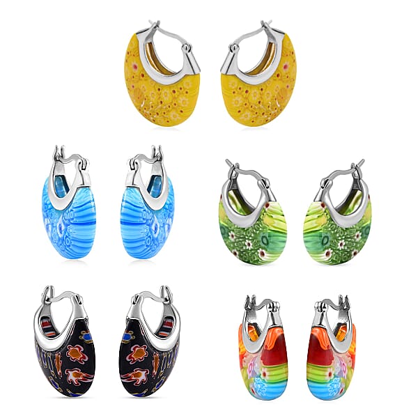 Set Of 5 Multi Color Murano Style Basket Earrings In Stainless Steel With Lifetime Guarantee (Del. In 10-12 Days)