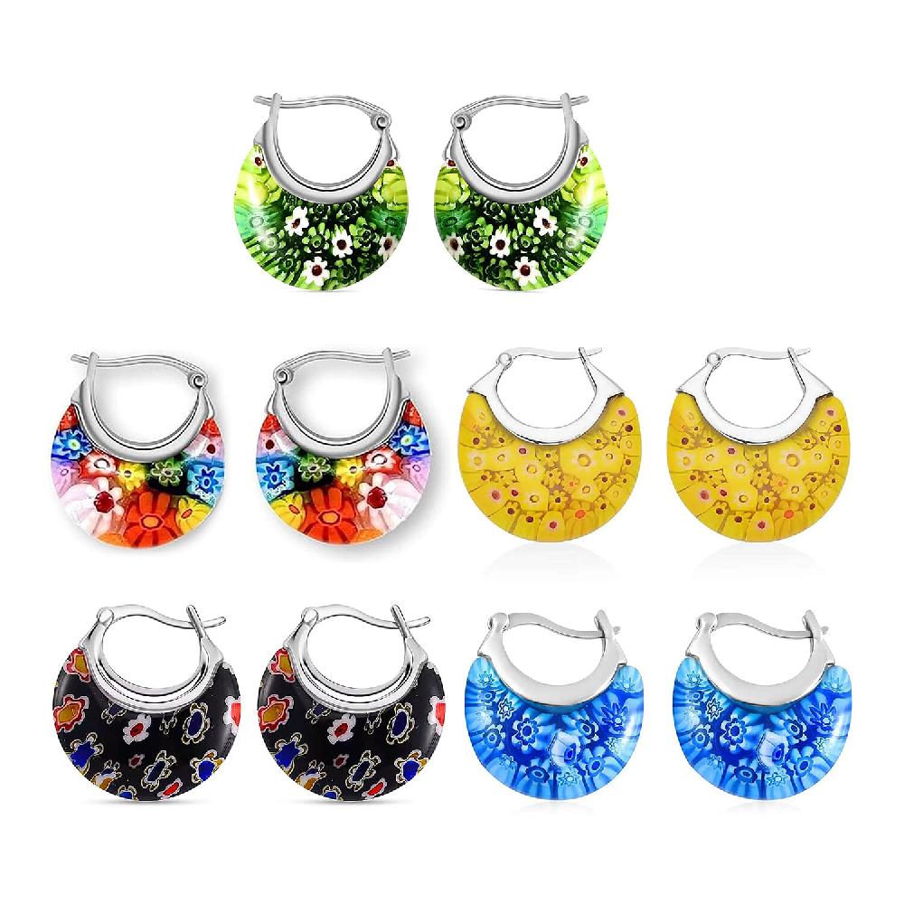 Set of 5 Multi Color Murano Style Basket Earrings in Stainless Steel with Lifetime Guarantee (Del. In 10-12 Days)