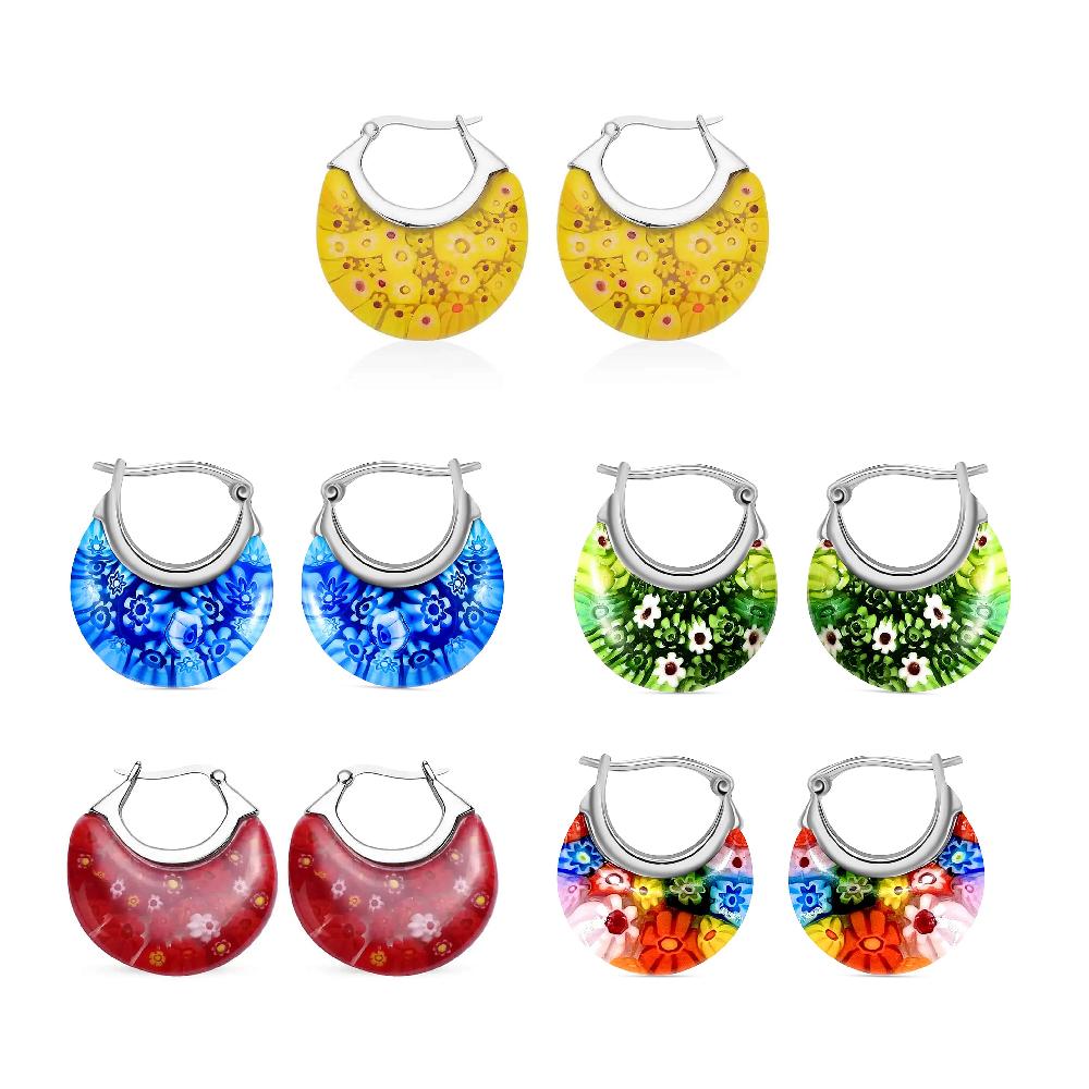 Set of 5 Multi Color Murano Style Basket Earrings in Stainless Steel (Del. In 10-12 Days)