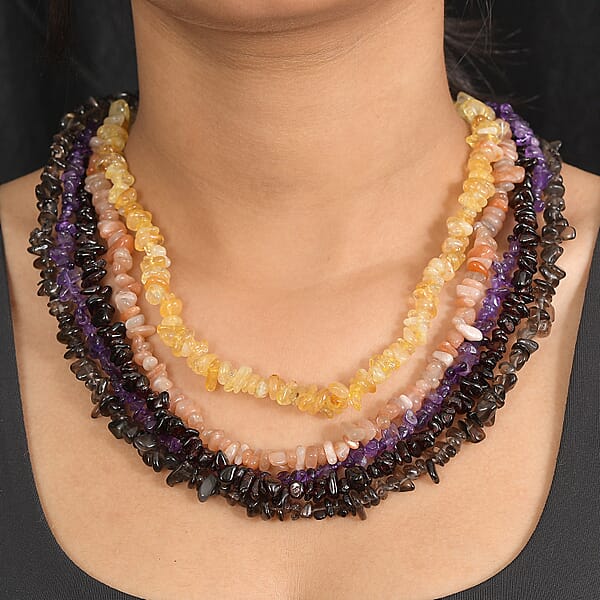 Set Of 5 Multi Gemstone Chips Necklace 1466.00 Ctw (30 Inches)