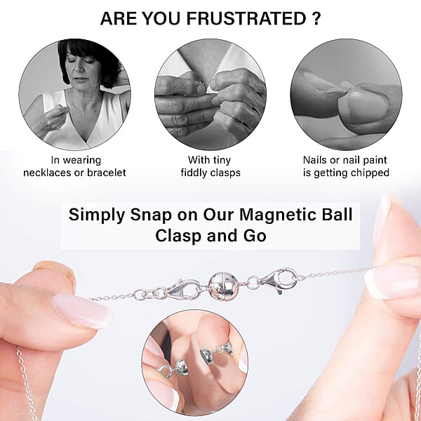 Set Of 5 Rhodium Over Sterling Silver 9mm Round Magnetic Lock With Lobster Clasp 12.50 Grams