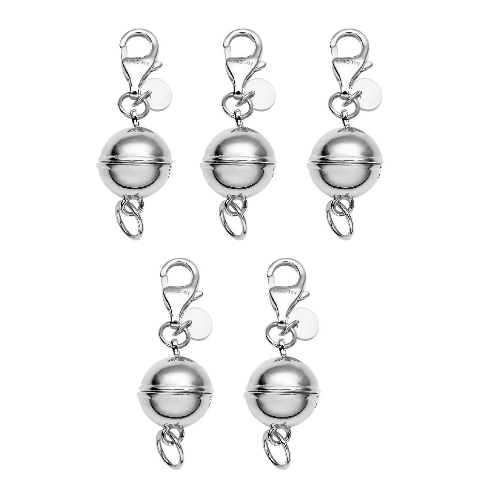 Set of 5 Rhodium Over Sterling Silver 9mm Round Magnetic Lock with Lobster Clasp 12.50 Grams