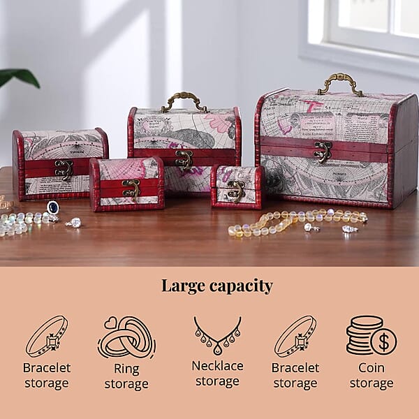 Set Of 5 Silver Map Embossed MDF And Faux Leather Mixing Exquisit Jewelry Chest Box