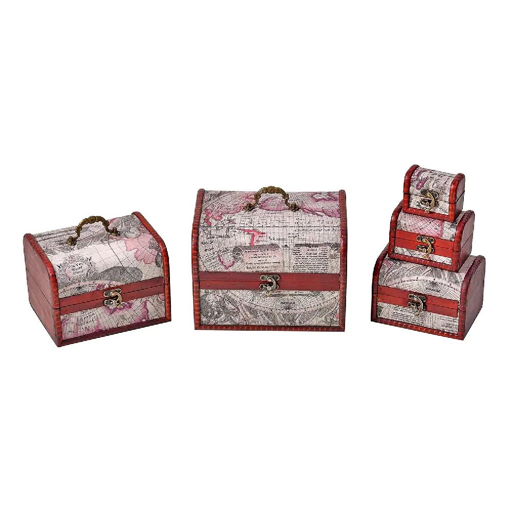 Set of 5 Silver Map Embossed MDF and Faux Leather Mixing Exquisit Jewelry Chest Box