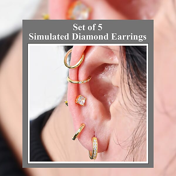 Set Of 5 Simulated Diamond 1.40 Ctw Earrings In 14K YG Over Sterling Silver Simulated Diamond Solitaire Studs Tribal Pattern Earrings Plain Ear Cuffs Simulated Diamond Studs