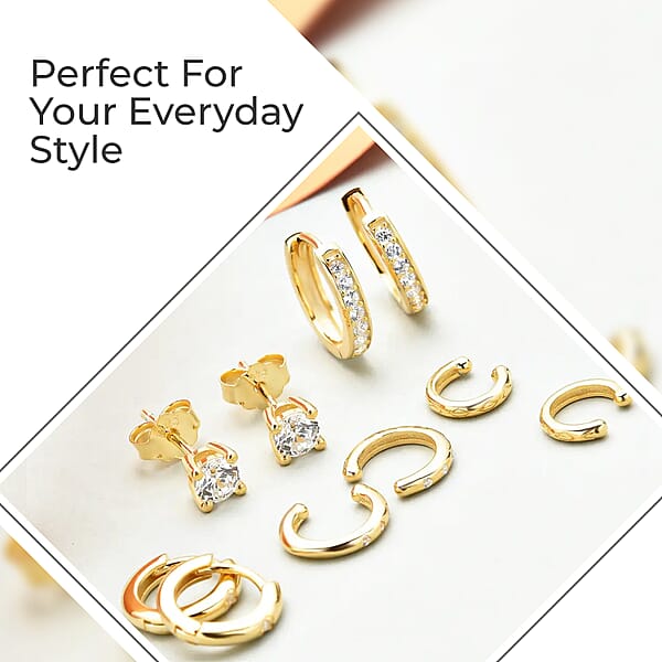 Set Of 5 Simulated Diamond 1.40 Ctw Earrings In 14K YG Over Sterling Silver Simulated Diamond Solitaire Studs Tribal Pattern Earrings Plain Ear Cuffs Simulated Diamond Studs
