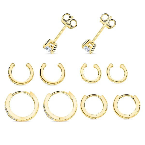 Set Of 5 Simulated Diamond 1.40 Ctw Earrings In 14K YG Over Sterling Silver Simulated Diamond Solitaire Studs Tribal Pattern Earrings Plain Ear Cuffs Simulated Diamond Studs