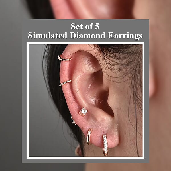 Set Of 5 Simulated Diamond 1.40 Ctw Earrings In 14K RG Over Sterling Silver Simulated Diamond Solitaire Studs Tribal Pattern Earrings Plain Ear Cuffs Simulated Diamond Studs