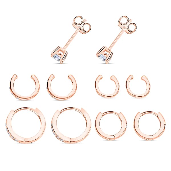 Set Of 5 Simulated Diamond 1.40 Ctw Earrings In 14K RG Over Sterling Silver Simulated Diamond Solitaire Studs Tribal Pattern Earrings Plain Ear Cuffs Simulated Diamond Studs