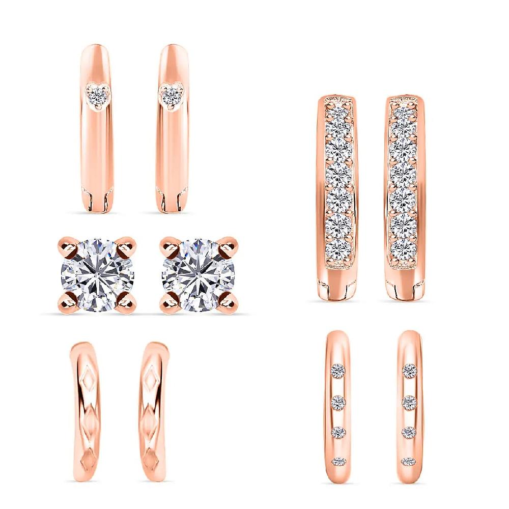 Set of 5 Simulated Diamond 1.40 ctw Earrings in 14K RG Over Sterling Silver Simulated Diamond Solitaire Studs Tribal Pattern Earrings Plain Ear Cuffs Simulated Diamond Studs