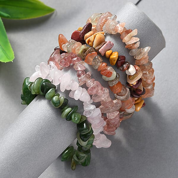 Set Of 6 Multi Gemstone 491.90 Ctw Chips Stretch Bracelet