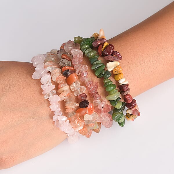 Set Of 6 Multi Gemstone 491.90 Ctw Chips Stretch Bracelet