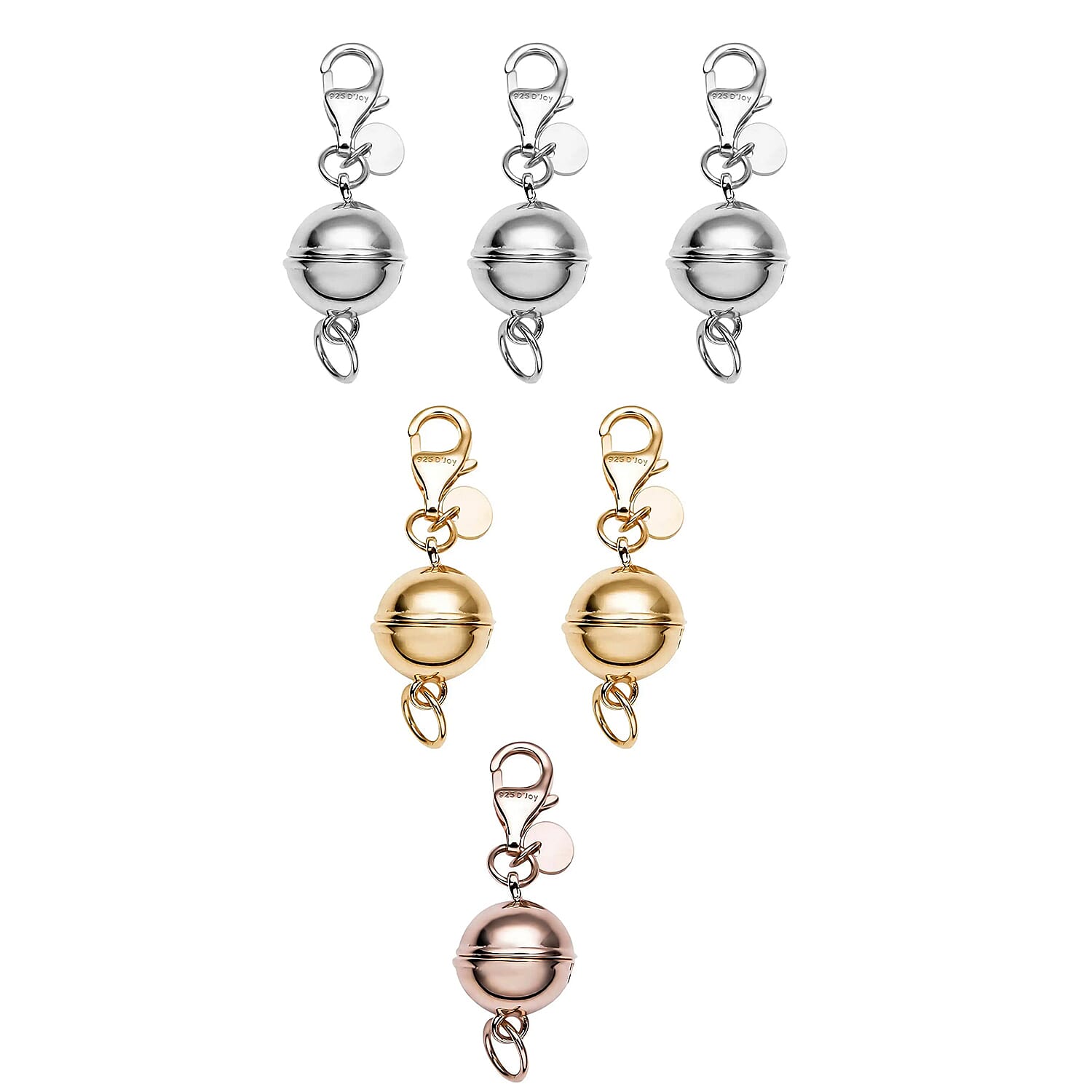 Set of 6 Rhodium 14K YG and RG Over Sterling Silver 9mm Round Magnetic Lock with Lobster Clasp (14.82 g)