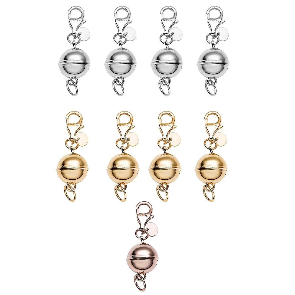 Set of 9 Rhodium 14K YG and RG Over Sterling Silver 9mm Round Magnetic Lock with Lobster Clasp (22.23 g)