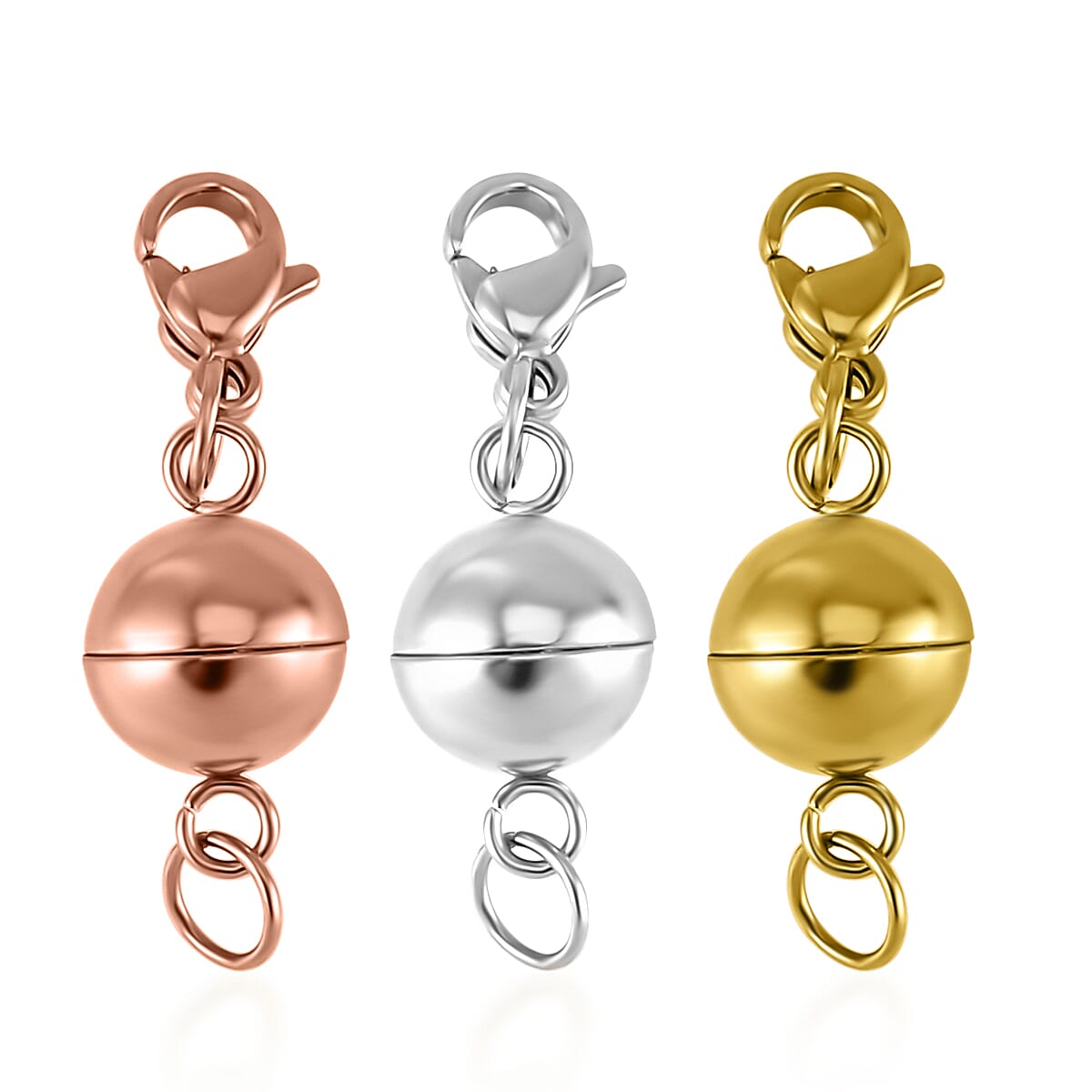 Set of Three 9mm Magnetic Lock with 9mm Lobster Clasp and 0.6x5mm Ring in ION Palted YG RG and Stainless Steel