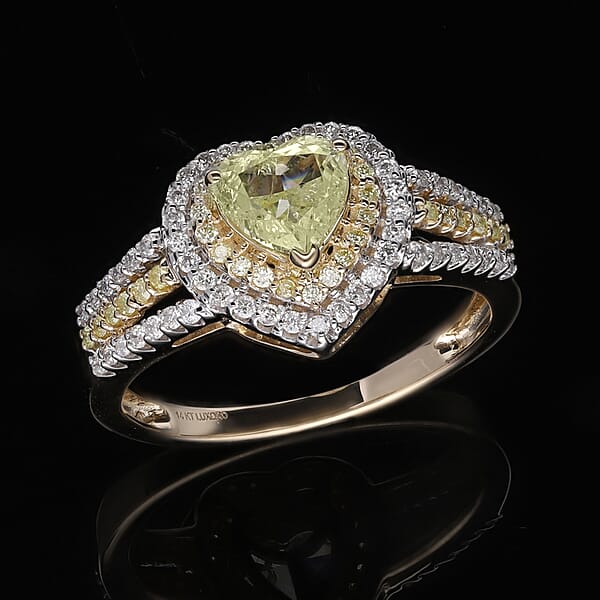 SGL Certified Luxoro 14K Yellow Gold Natural Yellow And White Diamond I1-I2 Heart Ring 4.10 Grams 1.50 Ctw