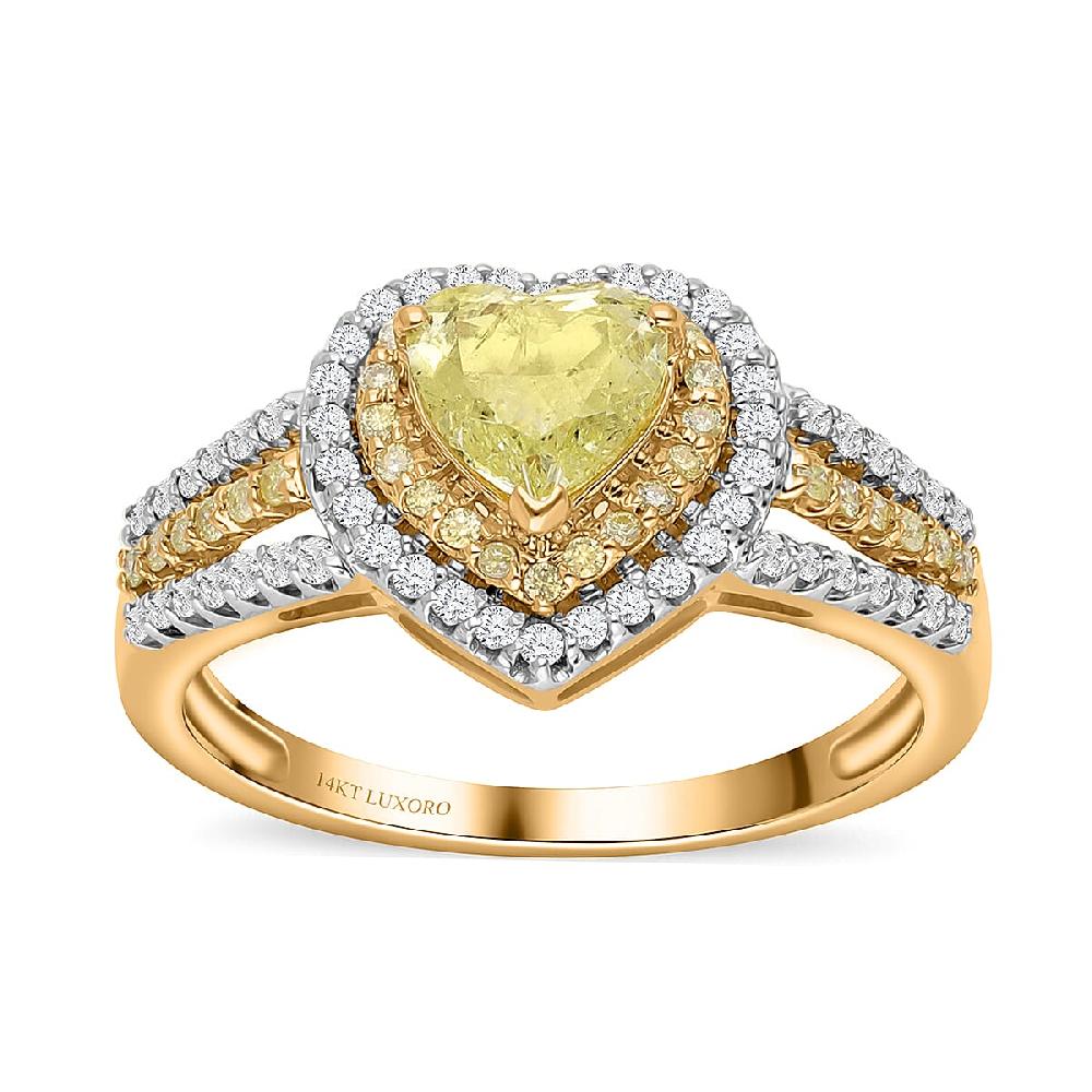 SGL Certified Luxoro 14K Yellow Gold Natural Yellow and White Diamond I1-I2 Heart Ring 4.10 Grams 1.50 ctw