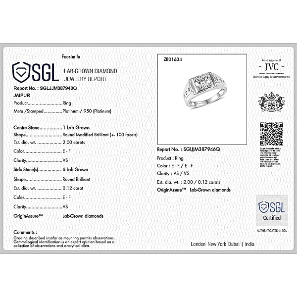 SGL Certified Luxuriant Lab Grown Diamond (E-F VS) Art Deco Men's Ring In 950 Platinum 2.20 Ctw