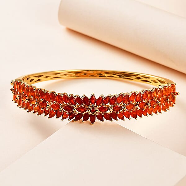 Shades Of Fire Opal Fire Opal Floral Bangle Bracelet In Vermeil Yellow Gold Over Sterling Silver (7.25 In) 8.40 Ctw