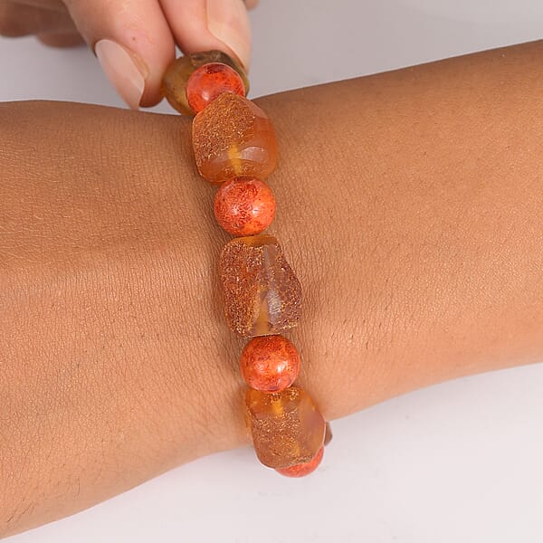 Baltic Amber And Coral Stretch Bracelet