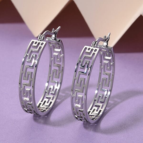 Greek Key Hoop Earrings In Stainless Steel