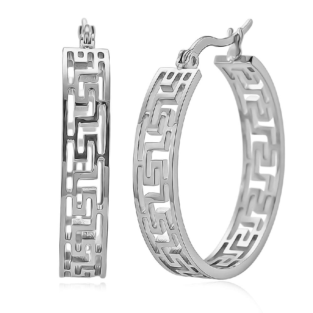 Greek Key Hoop Earrings in Stainless Steel