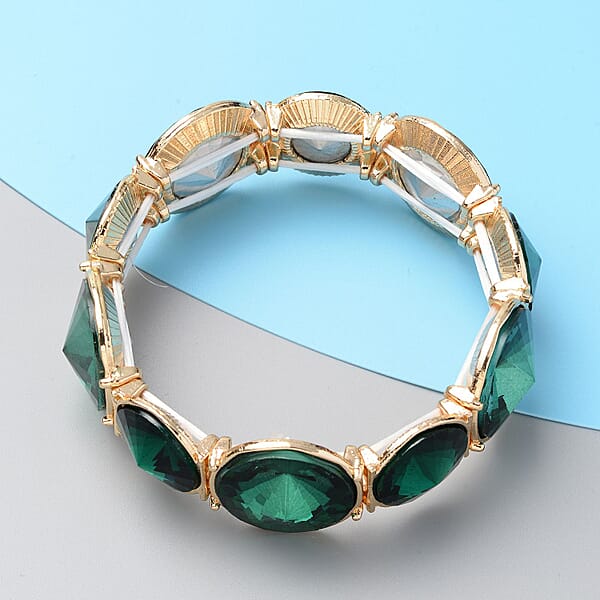 Green Glass Bracelet In Goldtone (7.00 In)