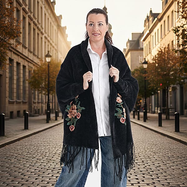 La Marey Black Embroidery Tassel Poncho