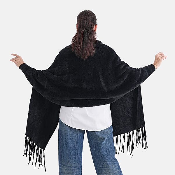 La Marey Black Embroidery Tassel Poncho