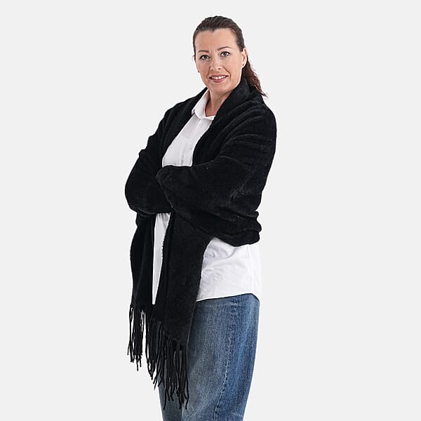 La Marey Black Embroidery Tassel Poncho