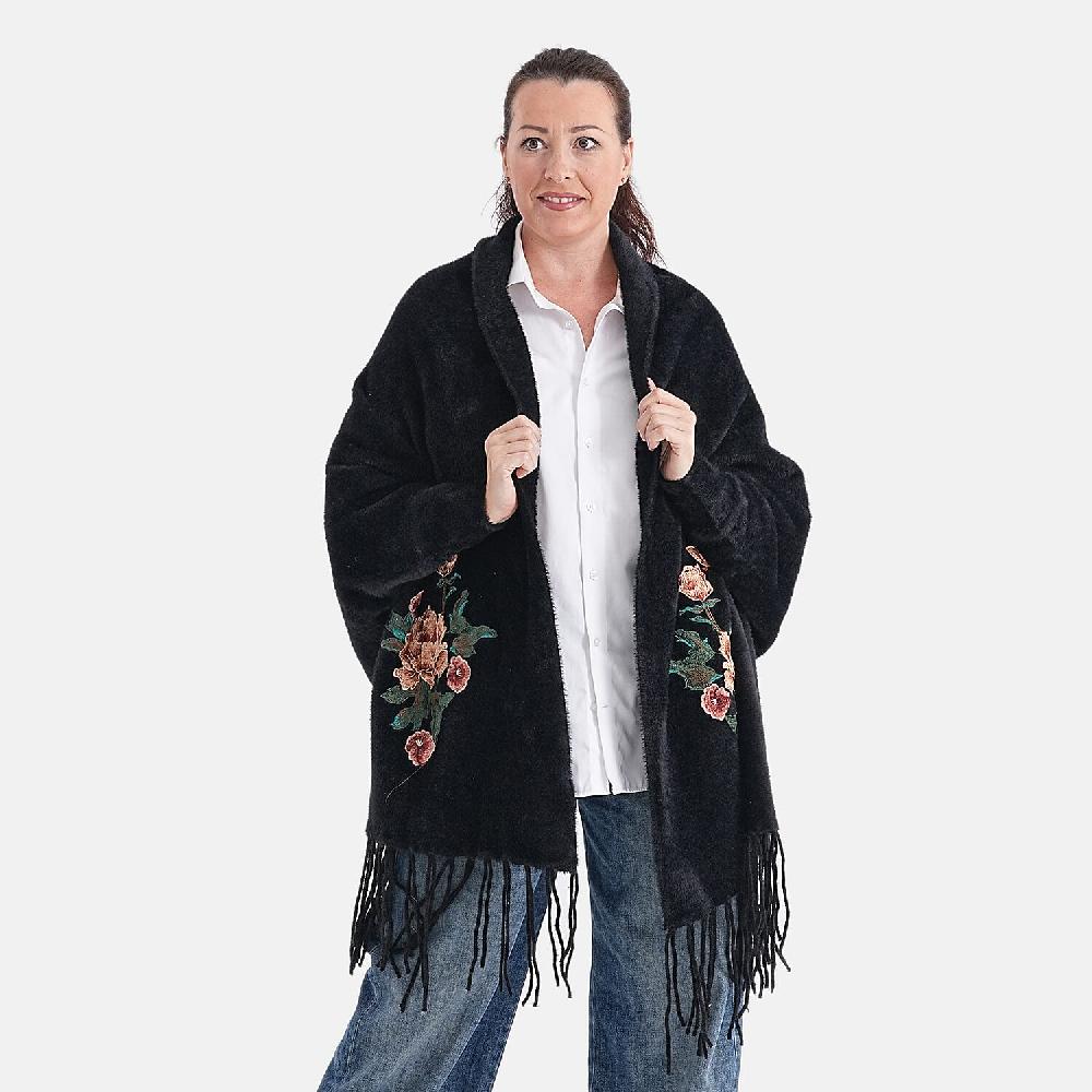 La Marey Black Embroidery Tassel Poncho