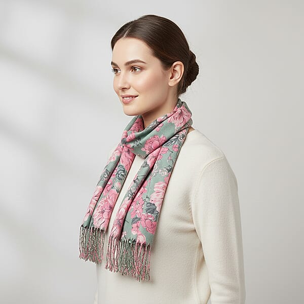 La Marey Light Green Floral Printed Scarf