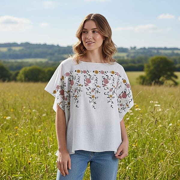 La Marey White Floral Embroidery Kaftan A1