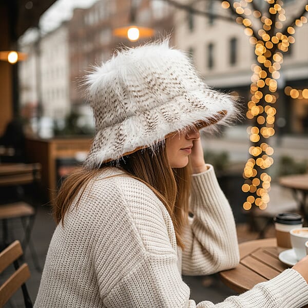 Tamsy Beige Faux Fur Bucket Hat