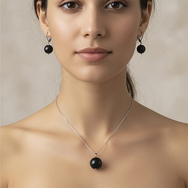 Shungite 47.00 Ctw Lever Back Earrings And Pendant Without Chain In Stainless Steel