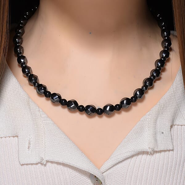 Shungite And Hematite 480.00 Ctw Beaded Carved Necklace In Silvertone 20 Inches