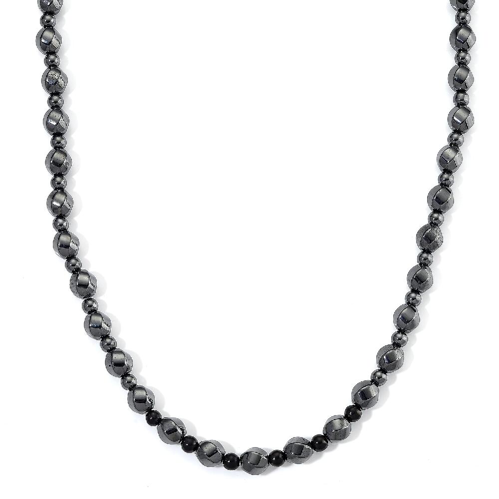 Shungite and Hematite 480.00 ctw Beaded Carved Necklace in Silvertone 20 Inches